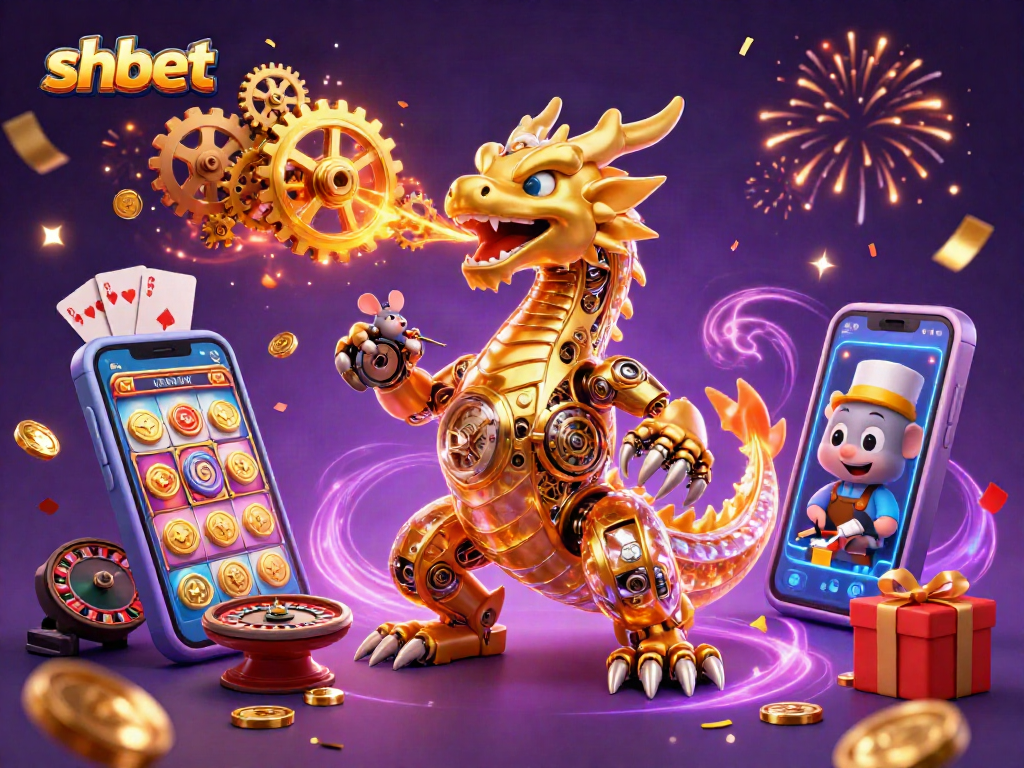 shbet reveals a spectacular 3D casino scene with a mechanical dragon and vibrant slot game.