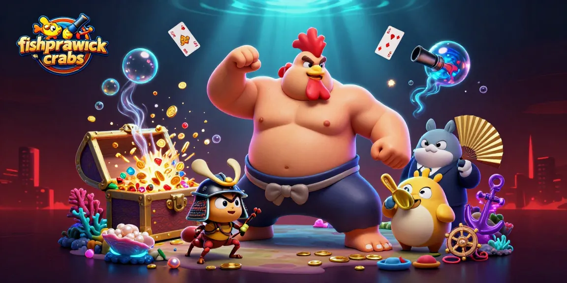 Experience the thrill of fishprawncrabs with an immersive 3D sumo rooster scene in a vibrant casino setting.
