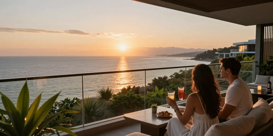 Enjoying 여수오피 with a sunset ocean view from a private balcony.