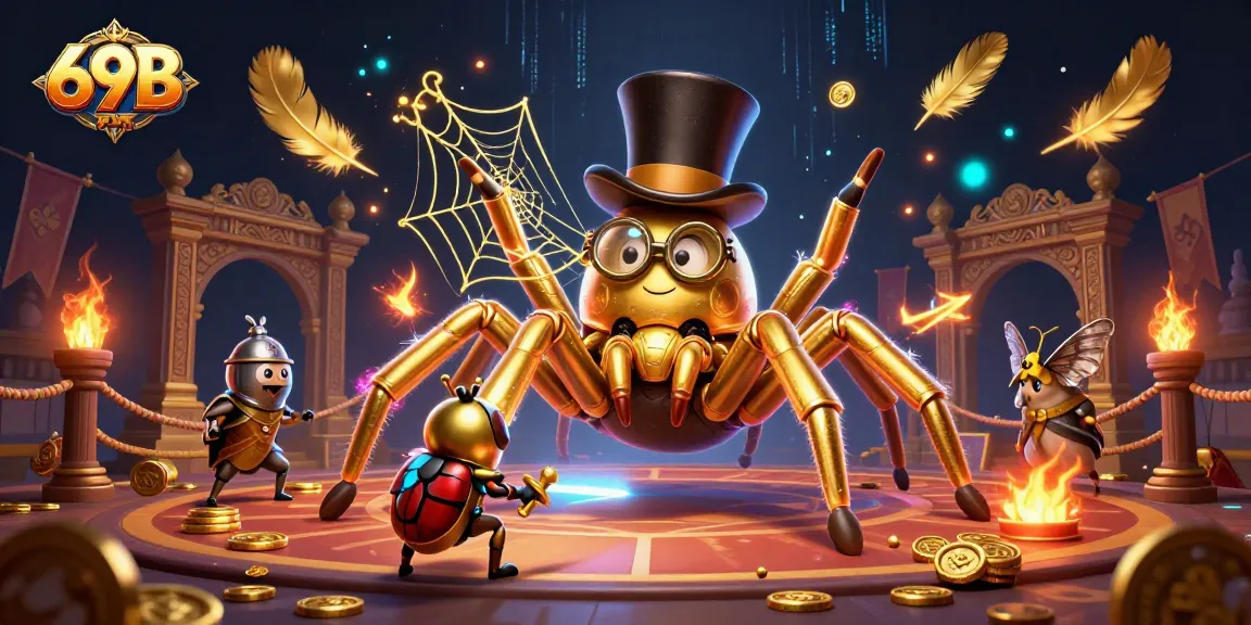 Apostando no 69B, uma aranha gigante de ouro tece fios dourados no cassino.