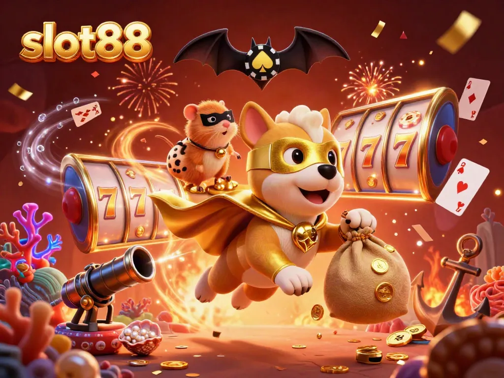 Experience slot88 with a vibrant 3D cartoon scene of a superhero dog and hamster, surrounded by exciting game elements.