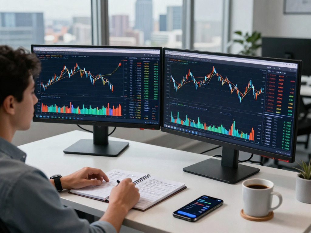 使用TradingView工具的金融分析师，实时市场分析环境，突出技术指标和交互式图表。
