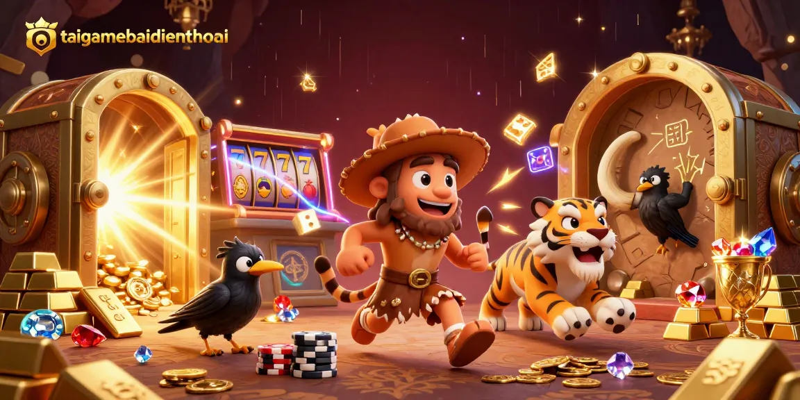 Experience the thrill of the taigamebaidienthoai casino with a vibrant scene featuring cavemen and treasures.