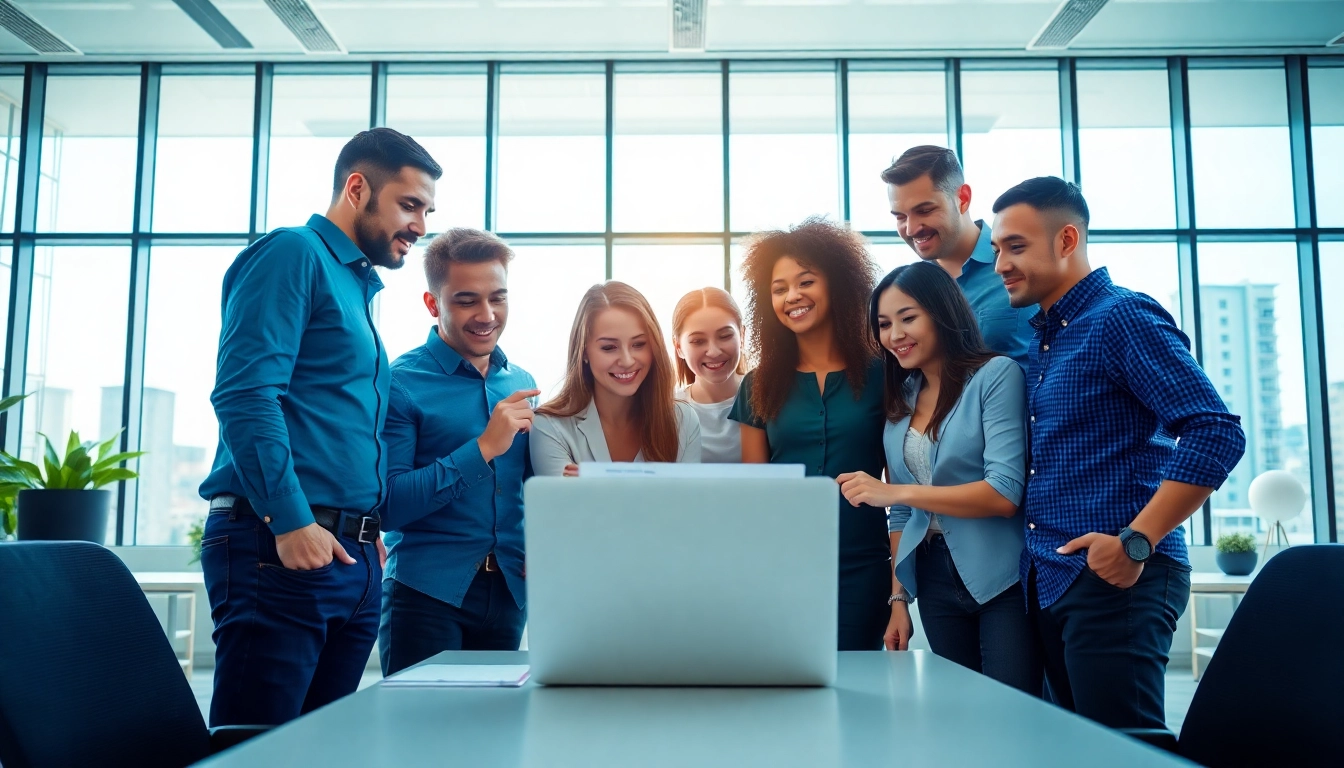 Dynamic team collaborating on Shopify website development services in a bright, modern office.