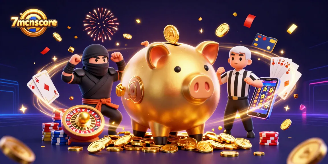 Engage with 7mcnscore's vibrant 3D casino illustration showcasing dynamic gaming action and excitement.