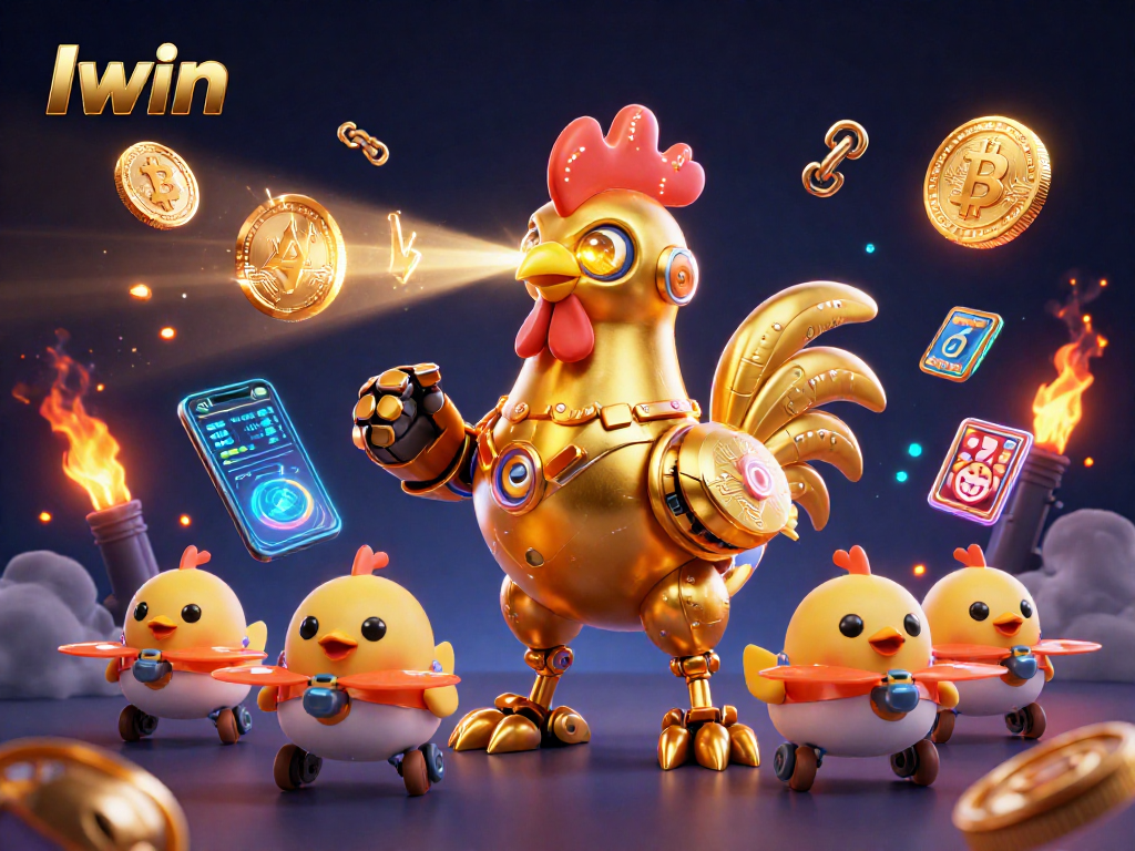 Iwin showcases a thrilling animated casino scene featuring a golden rooster robot and cryptocurrency elements.