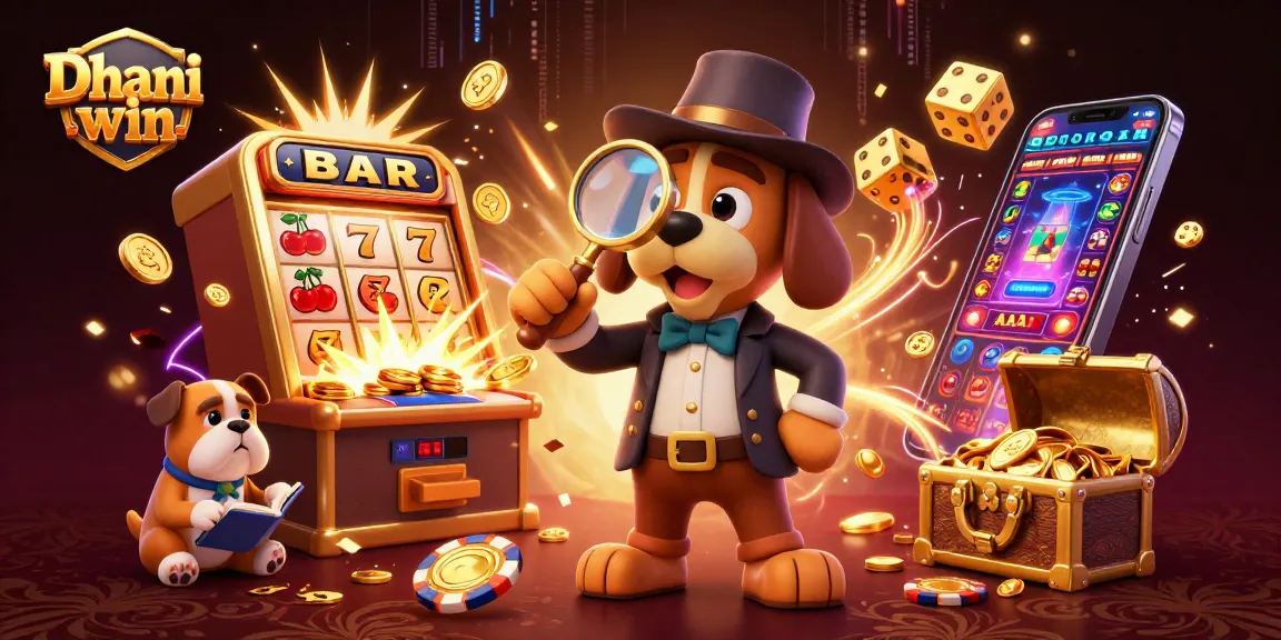 Dhani win platform showcases a thrilling scene with a detective investigating a treasure, surrounded by slot games and casino excitement.