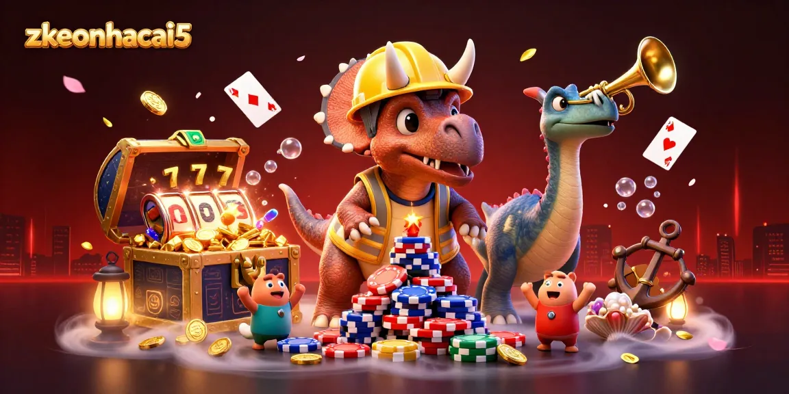 Engage with zkeonhacai5's vibrant casino scene featuring a triceratops building poker chip pyramids, celebrating game wins.