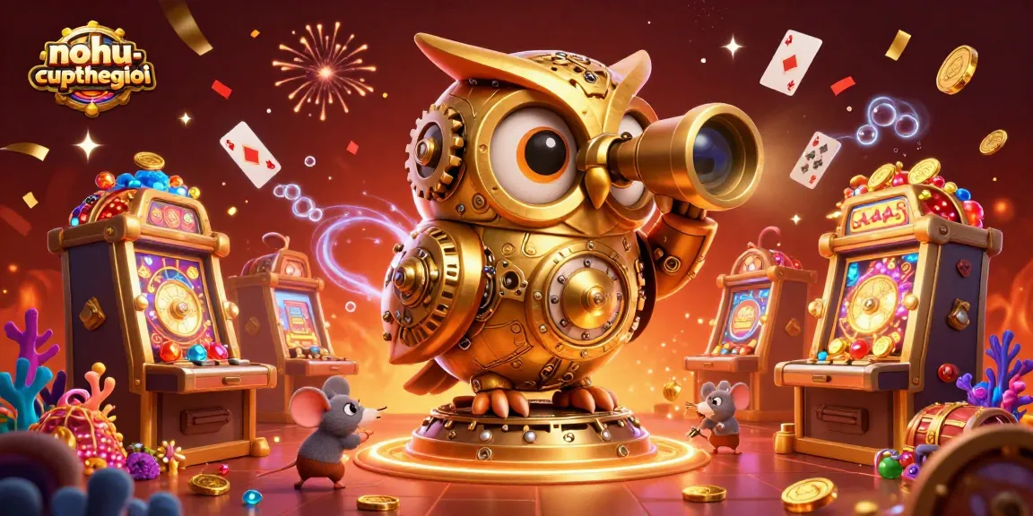 Engage with the vibrant world of nohu-cupthegioi, where a clockwork owl oversees an energetic casino floor filled with treasures.
