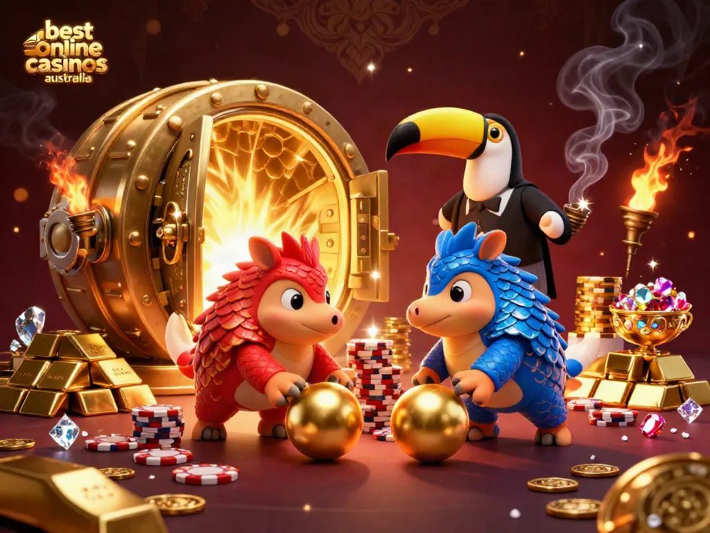 Exciting scene of rival pangolins enjoying the best online casinos Australia with golden treasures and gaming elements.
