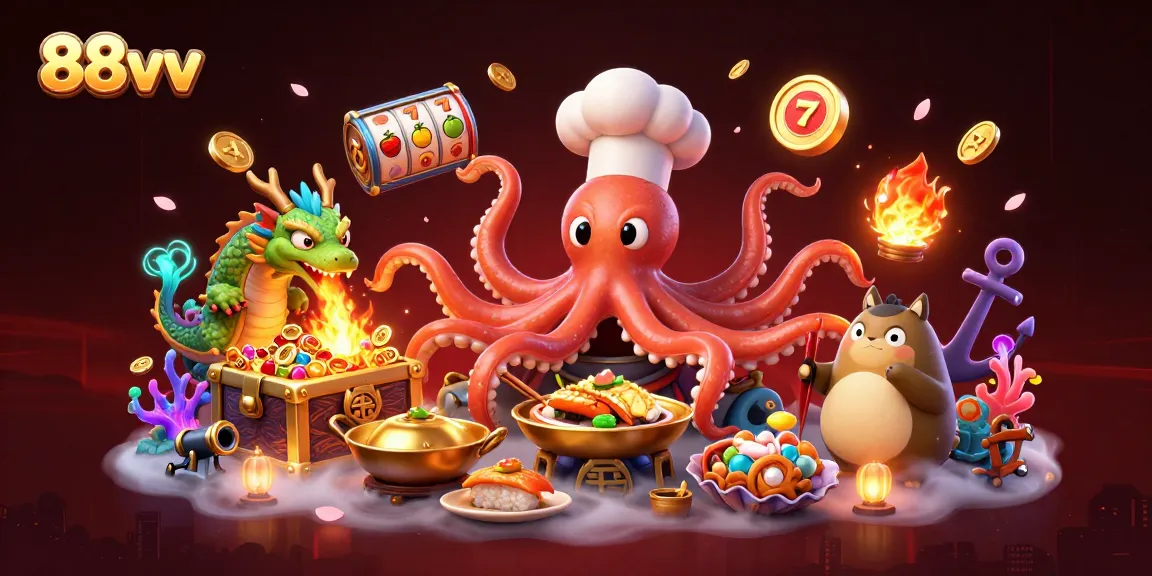Win big at 88vv with a colorful casino scene featuring a sushi chef octopus, dragon, and tanuki.