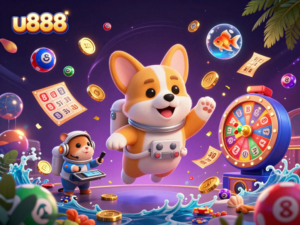 Join the u888 fun as the astronaut corgi enjoys games in a vibrant casino environment.