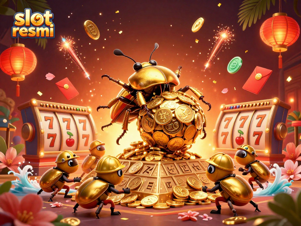 Engage with the slot resmi experience through a vibrant 3D casino scene filled with gold coins and slots.