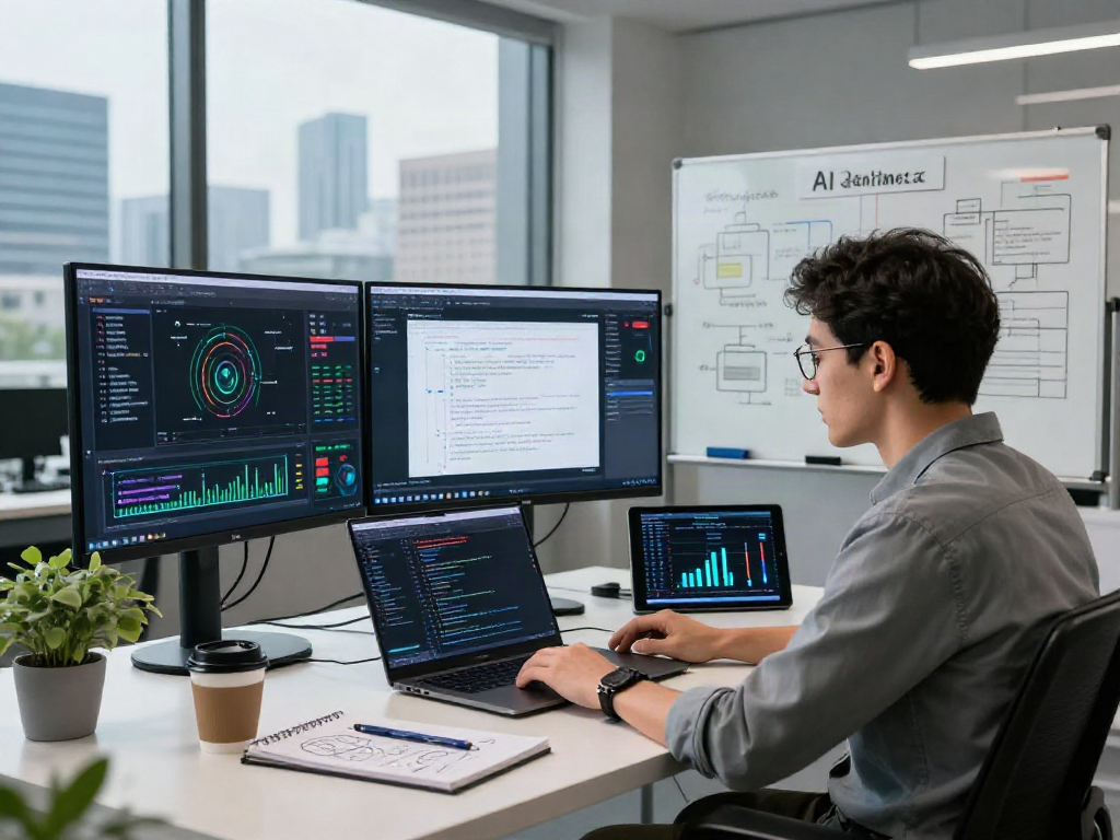 AI detection specialist analyzing data on multiple screens in a modern tech workspace