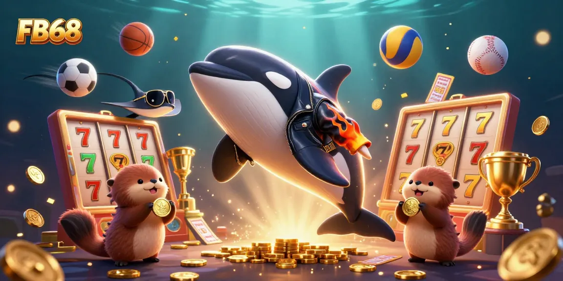 Experience thrilling rewards at FB68 with orca, stingray, and otters in a vibrant casino scene.