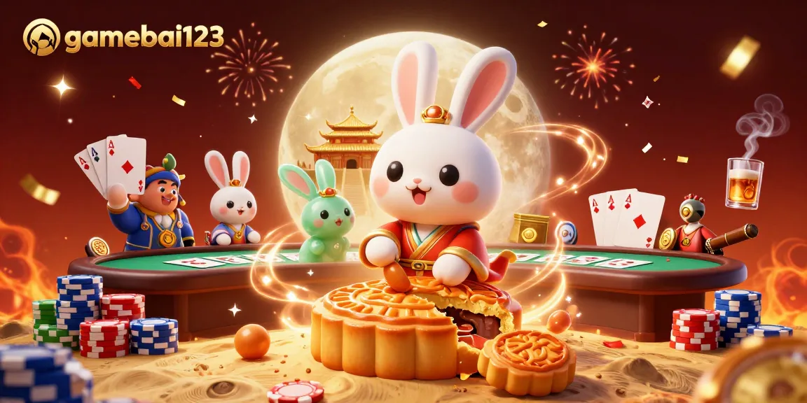 Experience thrilling gameplay with gamebai123 as the moon rabbit reveals poker riches on a celestial casino.