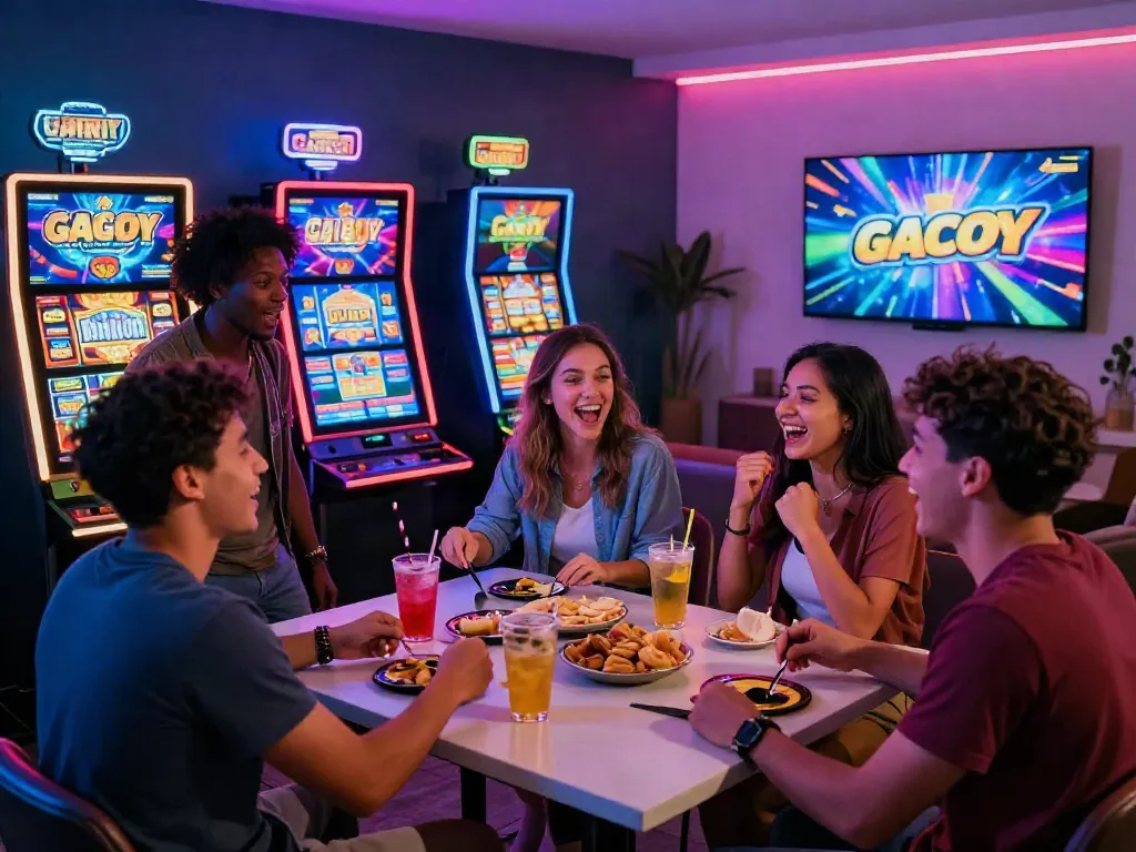 Exciting slot gacor game night with friends enjoying vibrant digital gaming experience