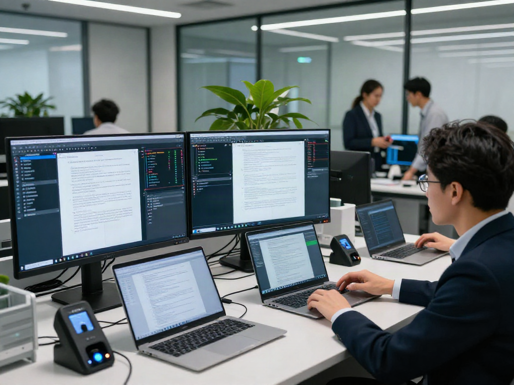 Data analysts collaborating on document fraud detection solution in a modern lab.