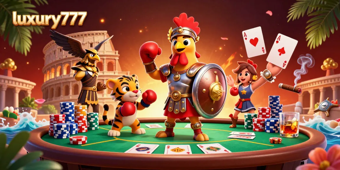 Engage in thrilling games at luxury777 with an action-packed scene featuring a rooster warrior in a Roman arena.