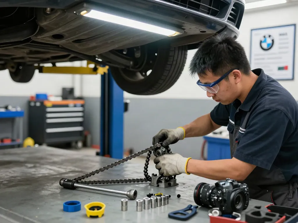 bmw steuerkette hannover - Mechaniker beim Austausch der Steuerkette in einer gut ausgestatteten Garage.