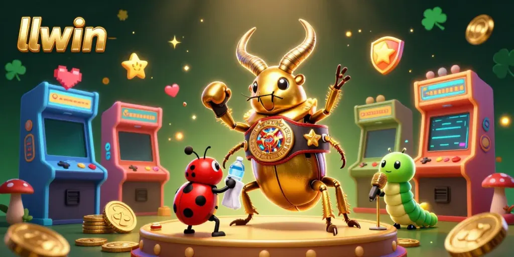 Experience thrilling wins with llwin showcasing a cartoon beetle boxing champion in a dazzling casino scene.