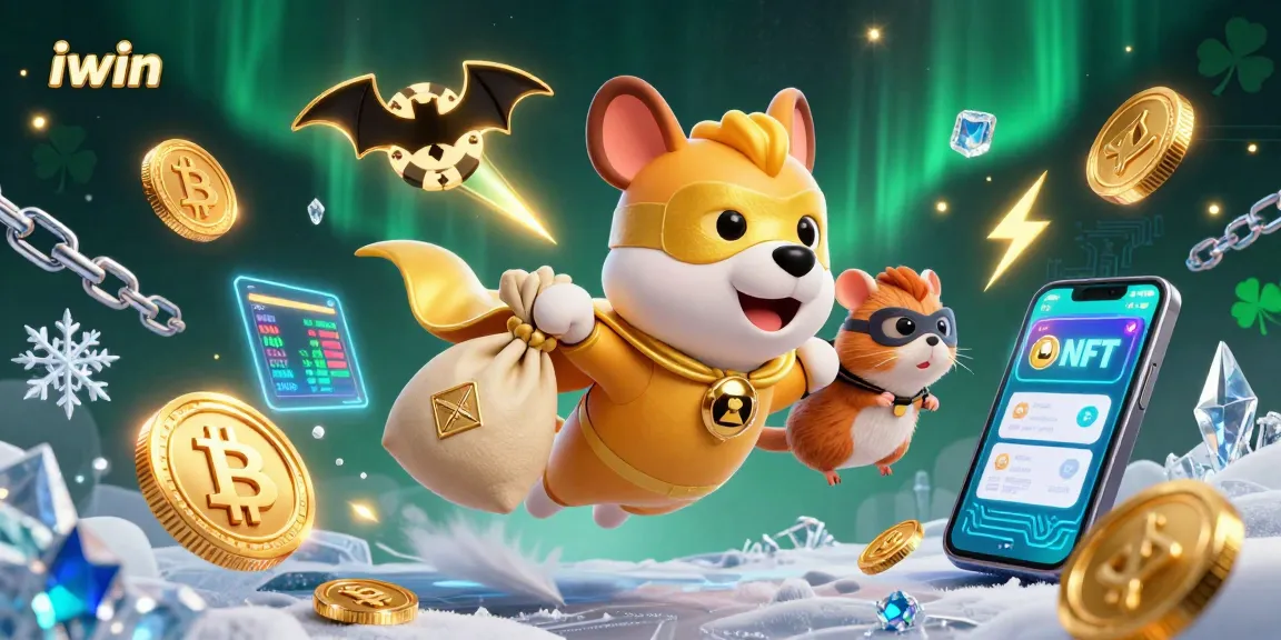 iwin superhero dog and sidekick hamster fly through a vibrant casino scene full of gold and crypto elements.