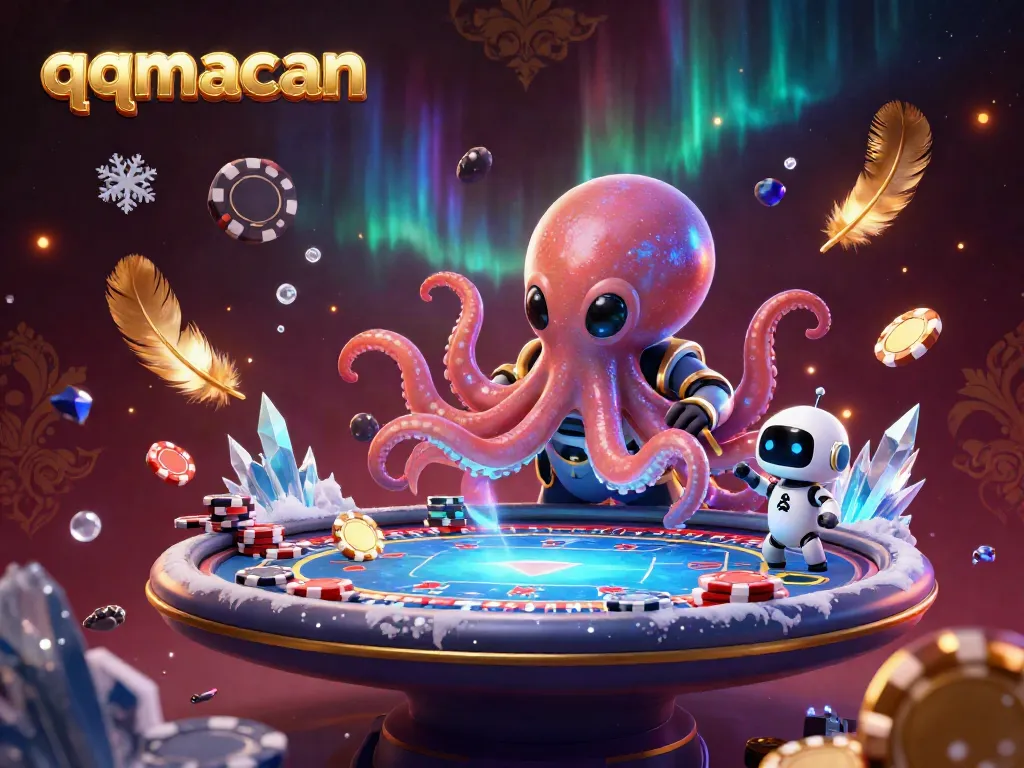 Experience thrilling poker action with qqmacan's vibrant 3D casino scene featuring an alien octopus dealer.