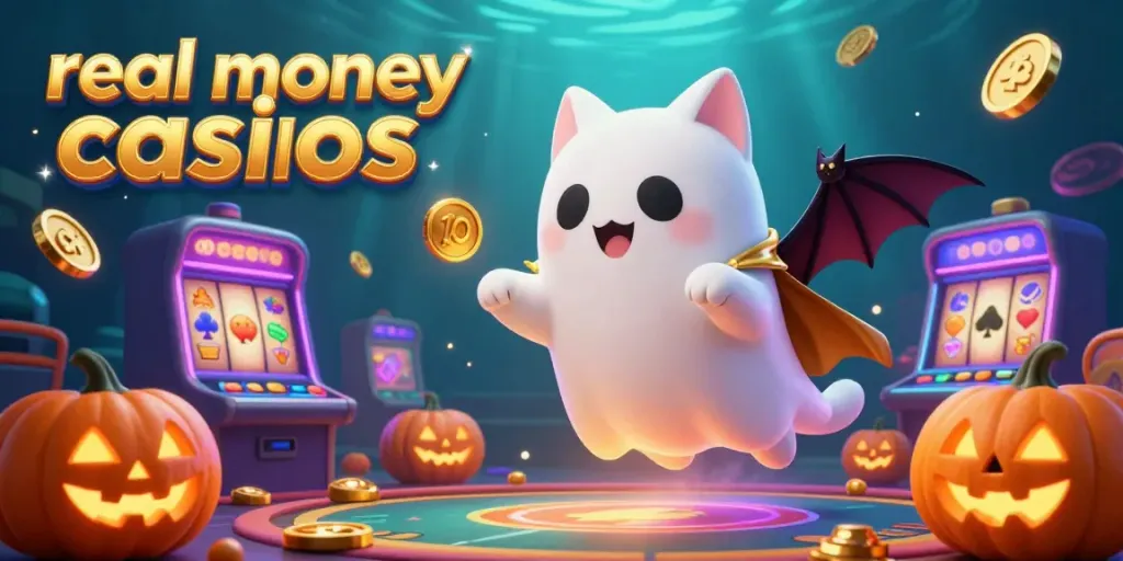 The friendly ghost cat showcases real money casinos in a vibrant haunted casino, surrounded by dynamic game elements.