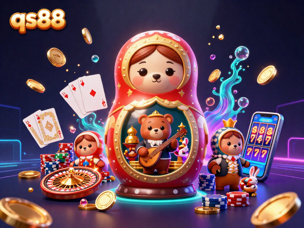Experience thrilling action at qs88 with vibrant casino characters, golden coins, and roulette as backdrop.