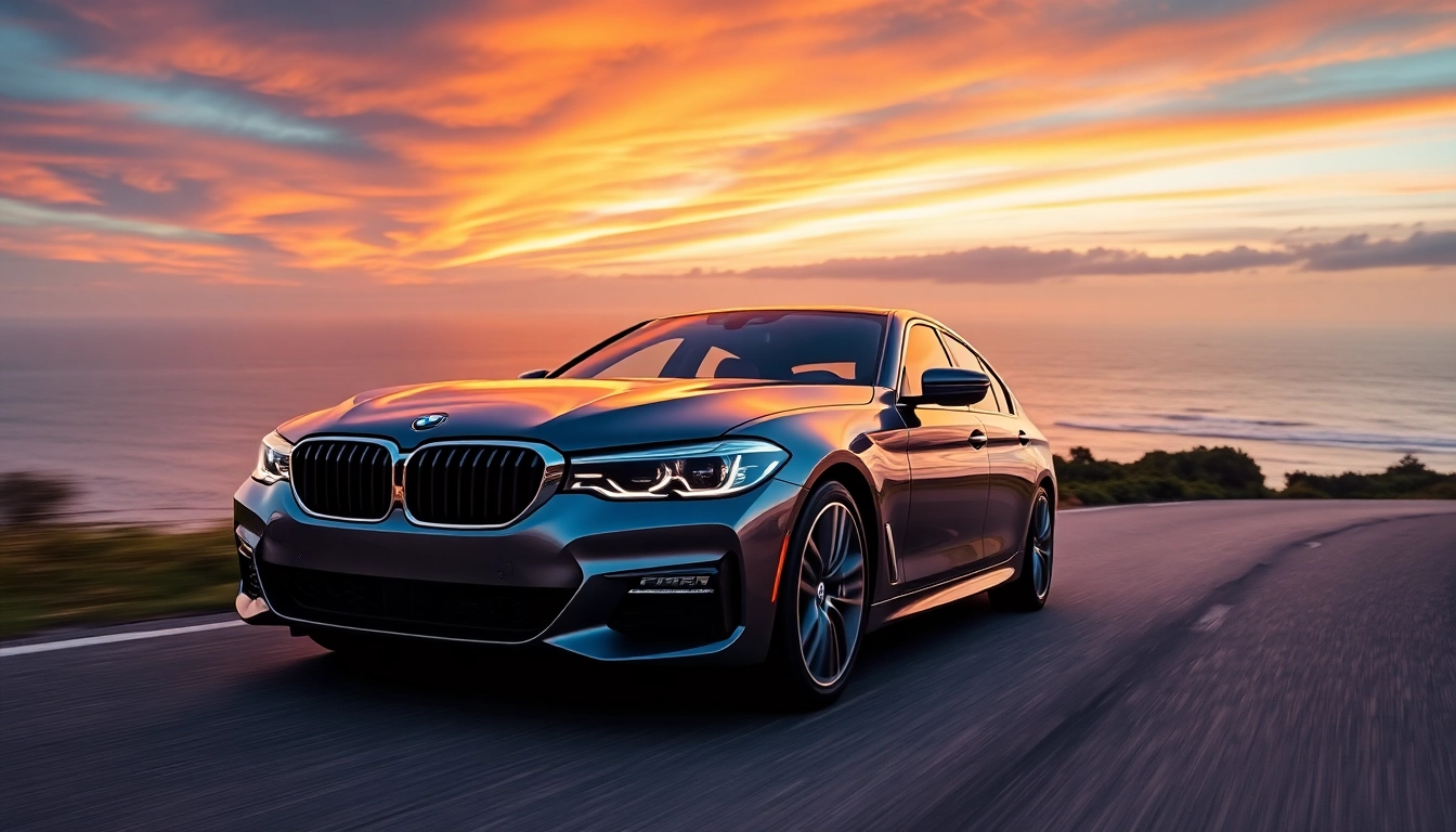 Showcasing a luxury BMW car on a scenic coastal drive, illuminated by sunset.