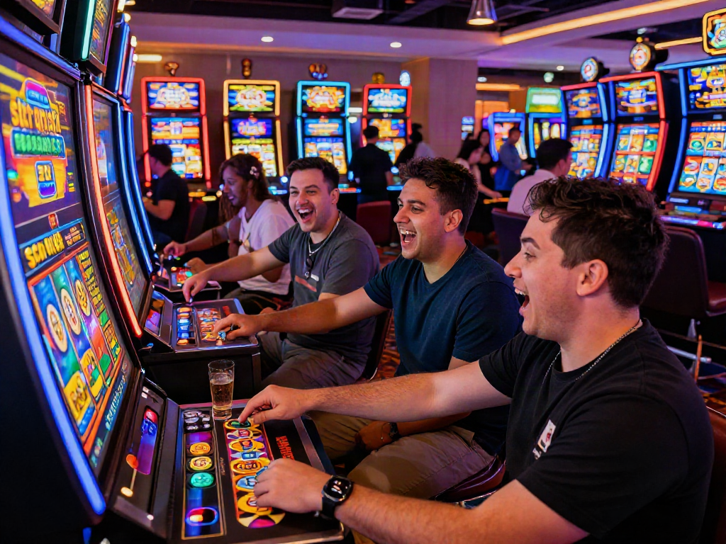 Exciting gambling scene showcasing diverse players at a slot qris 5k machine, capturing high-energy casino atmosphere.